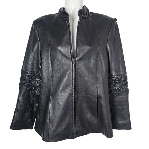 Y2K Kasper Womens Black Leather Sleek Jacket Zip Front Ruched Lined Vintage M - Picture 1 of 15